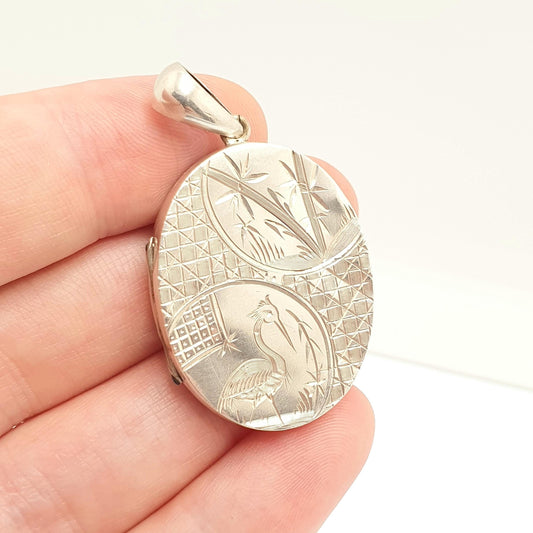 Antique Victorian Solid Silver Locket Bird Engraved Geometric Pendant Picture Photo Etruscan Stepped Vintage Womens Jewelry Jewellery