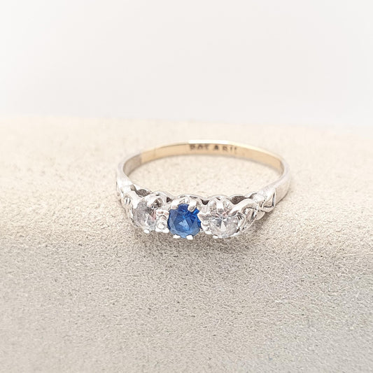Antique 9ct Gold Blue & White Spinel Ring Trilogy Three Stone Sapphire Tone 9k 375 Solid Silver Art Deco 1920s Vintage Jewellery Jewelry