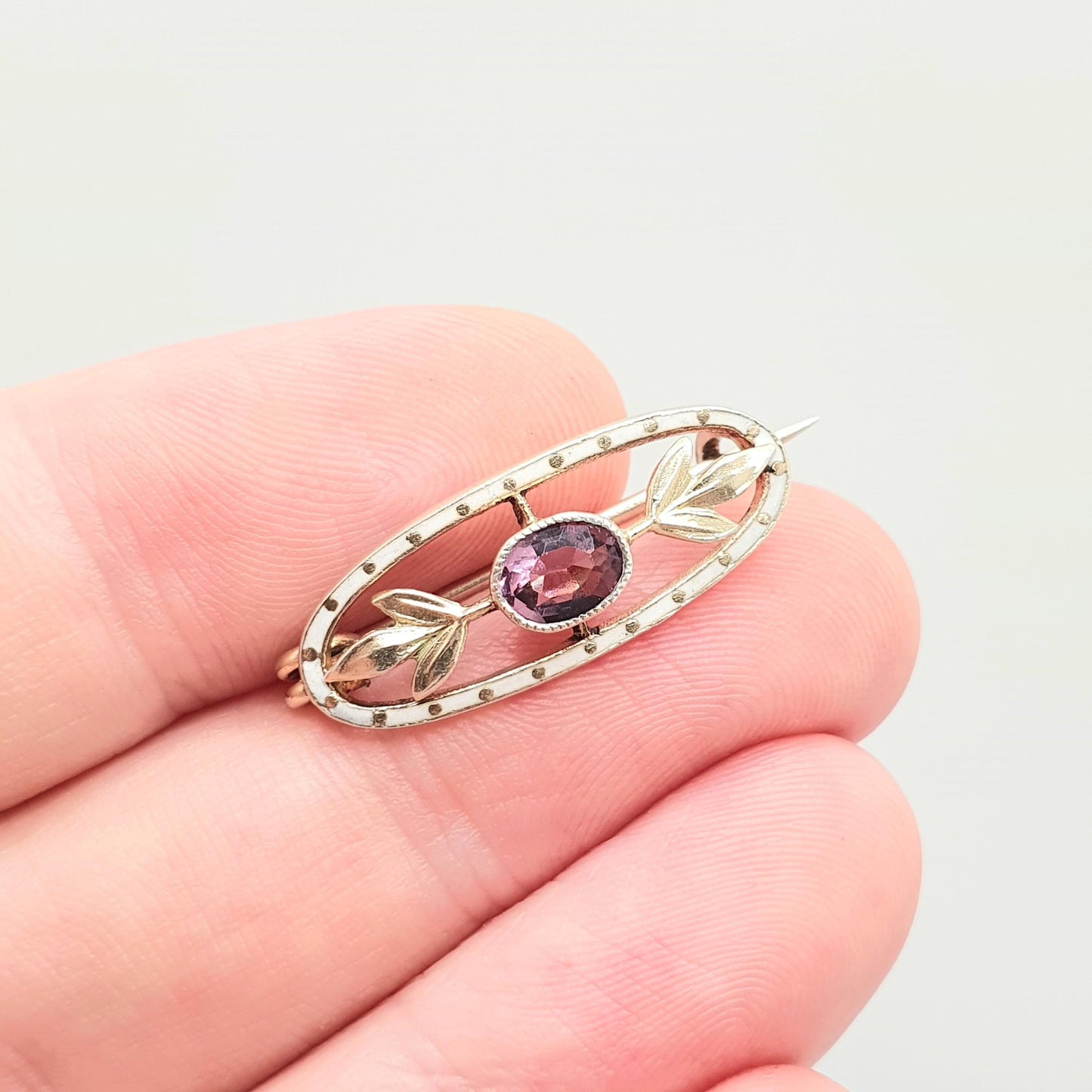 Antique Solid Silver Amethyst Paste Brooch White Enamel Victorian Oval Cut Shape Genuine 1800s Vintage Womens Ladies Jewelry Jewellery