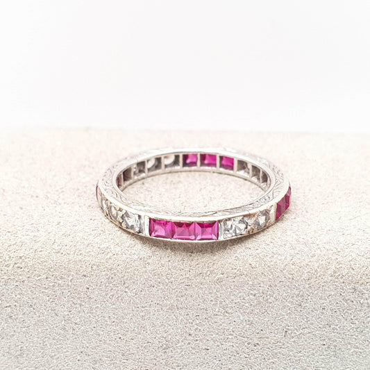 Antique 9ct White Gold Ruby Eternity Ring Art Deco Solid 9k 375 Channel Cut White Spinel Gemstone Square 1920s Womens Jewelry Jewellery