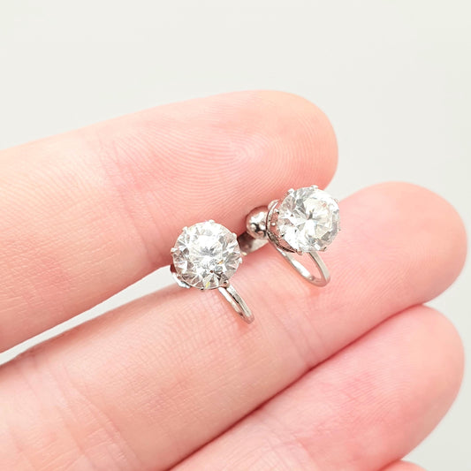 Antique 9ct 9k Gold White Sapphire Earrings Real Genuine Gemstone Solid 375 Art Deco Solitaire CIRO Screw Back Vintage Jewelry Jewellery