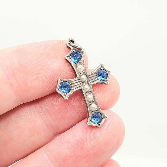Antique Solid Silver Sapphire Paste Seed Pearl Crucifix Pendant Victorian Cross Necklace Blue Pastes Vintage Womens Mens Jewellery Jewelry