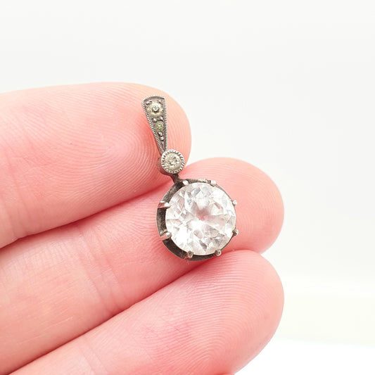 Antique Victorian 9ct Gold White Sapphire Pendant Sterling Silver Paste Drop Large Round Cut Necklace Sparkly Womens Jewellery Jewelry