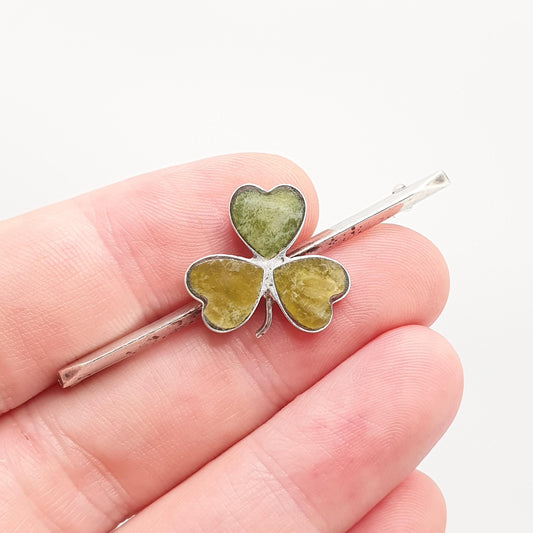 Antique Connemara Marble Clover Brooch Sterling Silver Three Leaf Lucky Irish Green Ireland Shamrock Celtic Gaelic Vintage Jewelry Jewellery