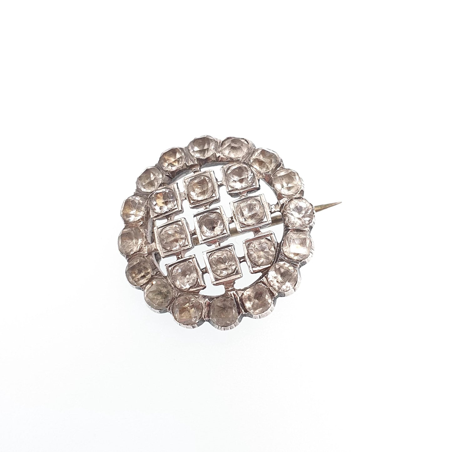 Antique Georgian Paste Solid Silver Brooch Pin Grid Square Pattern Old Cut Shape Foiled Diamond Pastes Solid Backed Vintage Womens Jewelry