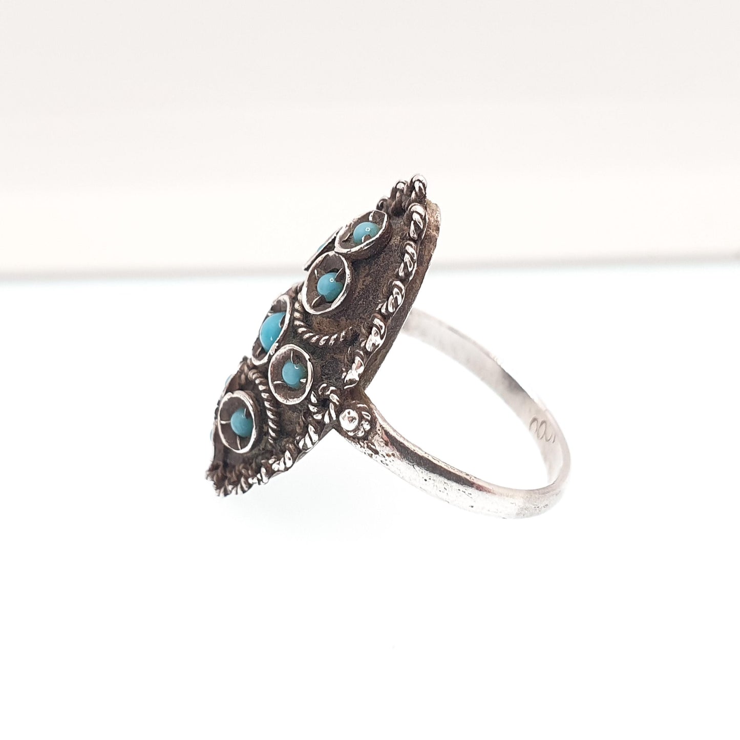 Antique Solid Silver Turquoise Paste Ring Art Deco Filigree Navette Boat Blue Glass Vintage Fine Rare 1920s Ladies Womens Jewellery Jewelry