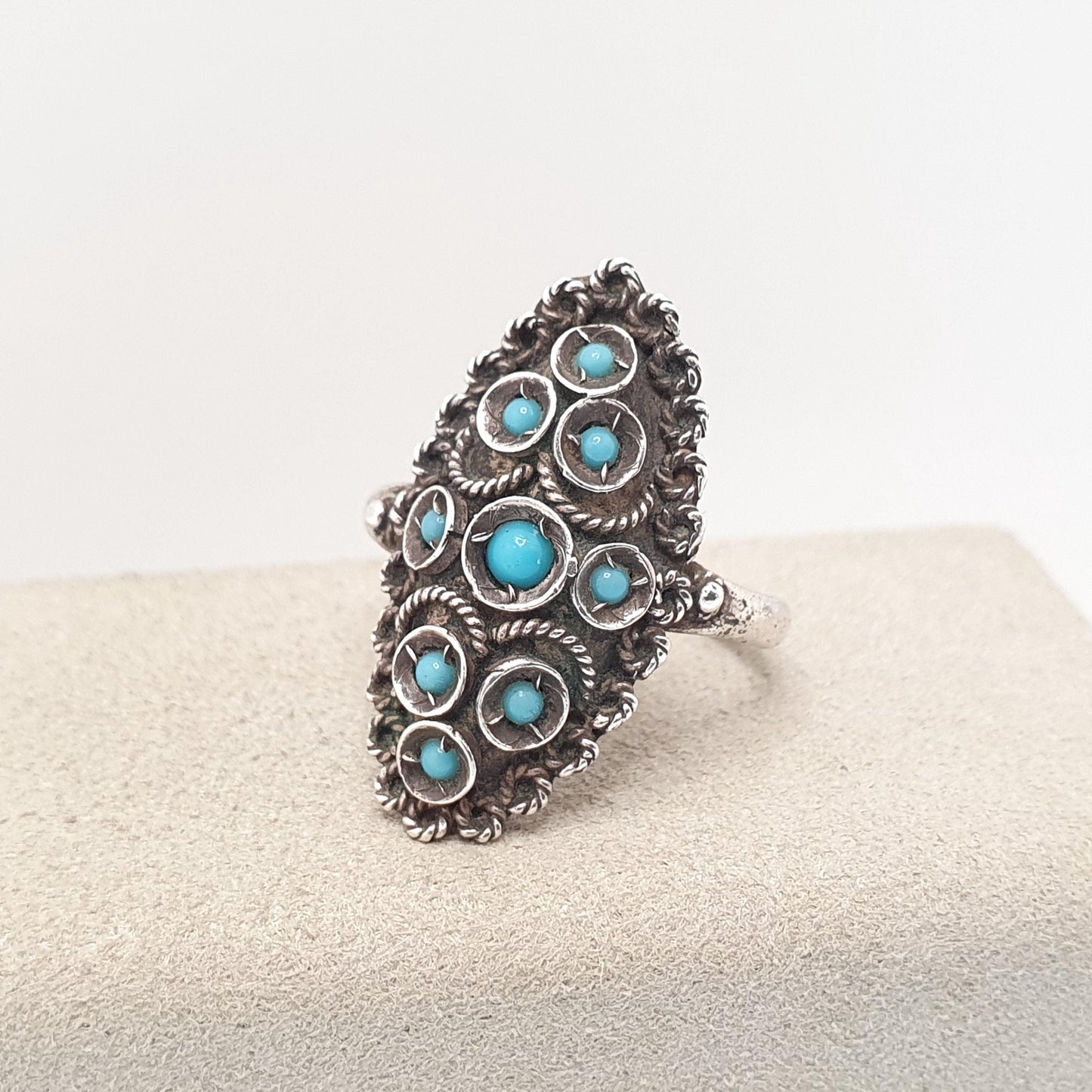 Antique Solid Silver Turquoise Paste Ring Art Deco Filigree Navette Boat Blue Glass Vintage Fine Rare 1920s Ladies Womens Jewellery Jewelry