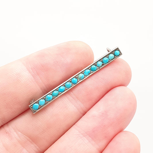 Antique Solid Silver Turquoise Brooch Victorian Bar Pin Rectangular Natural Gemstone Oval Cabochon Cyan Womens Jewelry Jewellery Vintage