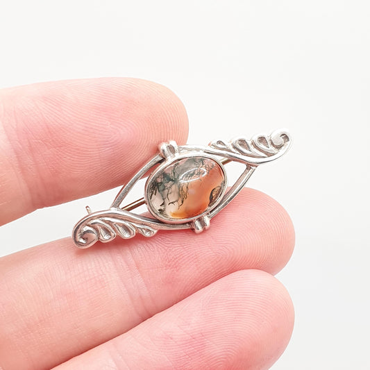 Vintage Sterling Silver Moss Agate Brooch Scottish Shipton Natural Quartz Gemstone Hallmarked Celtic Gaelic 925 Womens Jewelry Jewellery