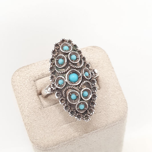 Antique Solid Silver Turquoise Paste Ring Art Deco Filigree Navette Boat Blue Glass Vintage Fine Rare 1920s Ladies Womens Jewellery Jewelry