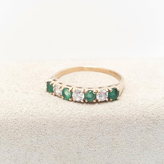 Vintage 9k Gold Emerald Ring Band Stacker Solid 9ct 375 CZ Alternating Brilliant Cut Half Eternity Hallmarked Stacking Sparkly Fine Gift