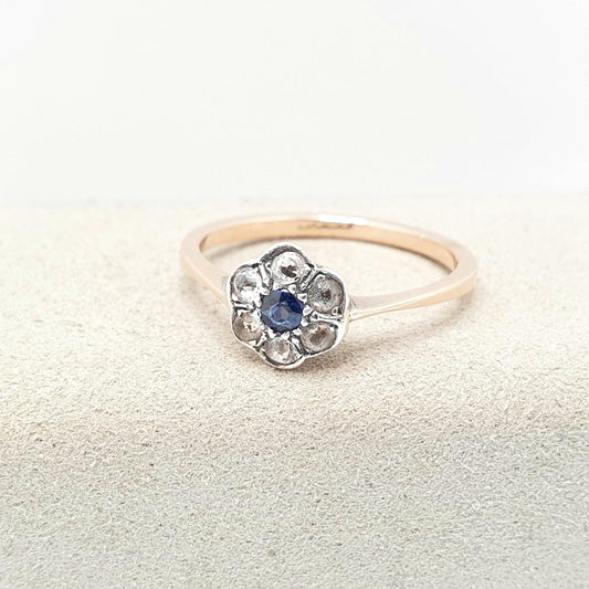 Antique Sapphire & Diamond Ring 18k 18ct Solid Gold 750 Dainty Cluster Flower Halo Gemstone Estate Rose Genuine Vintage Jewelry Jewellery