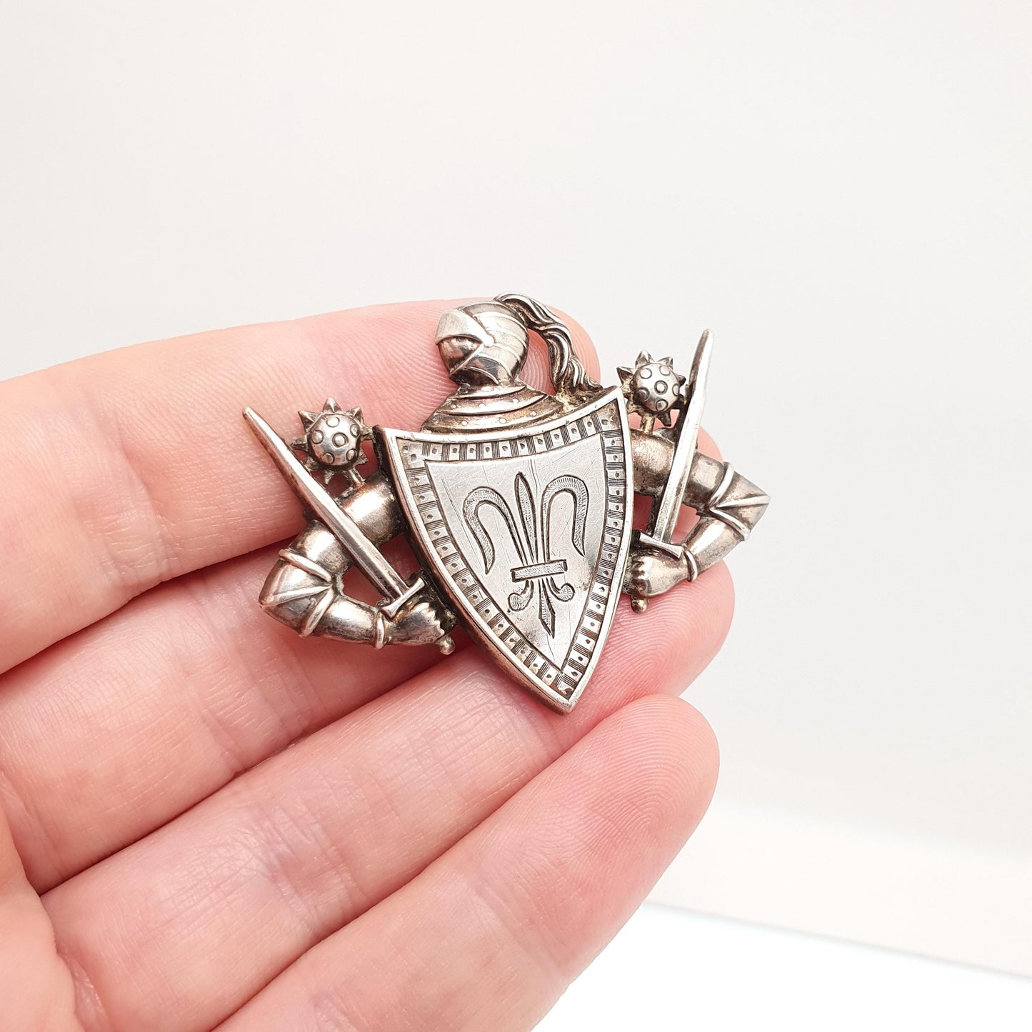 Antique Victorian Solid Silver Fleur De Lis Brooch Knight Sword Shield French Coat of Arms Pin Vintage Genuine 1800s Jewelry Jewellery