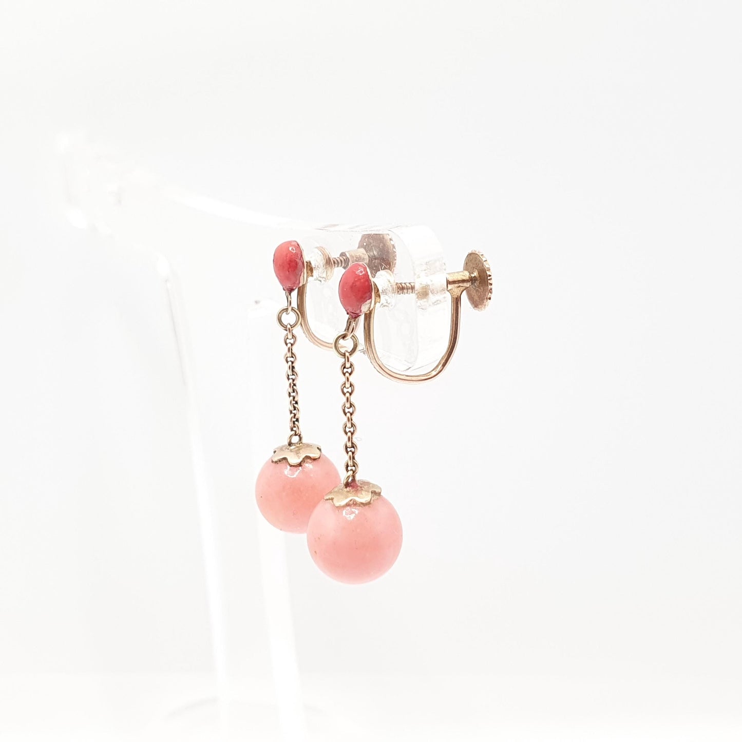 Antique 9ct Gold Faux Coral Earrings Pink Bauble Bead 1910 Hallmark Solid 9kt 9k Tassel Glass Hook Drop Dangle Womens Jewelry Jewellery