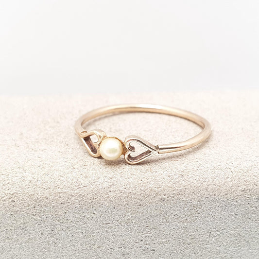 Vintage 9ct Solid Gold Pearl Ring Solid 9kt 9k 1960 Hallmark Cultured Solitaire Heart Stacker Stacking Gift Large Womens Jewellery Jewelry