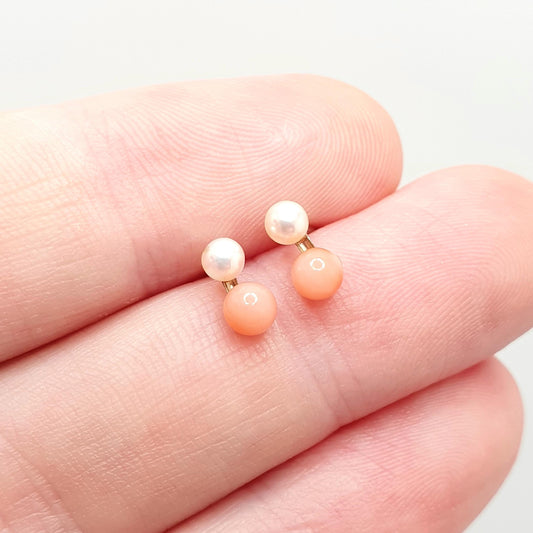 Vintage 9k 9ct Gold Coral Earrings Cultured Pearl Angel Skin Stud Solid 375 9kt Figure 8 Bead Elegant Womens Ladies Retro Jewelry Jewellery