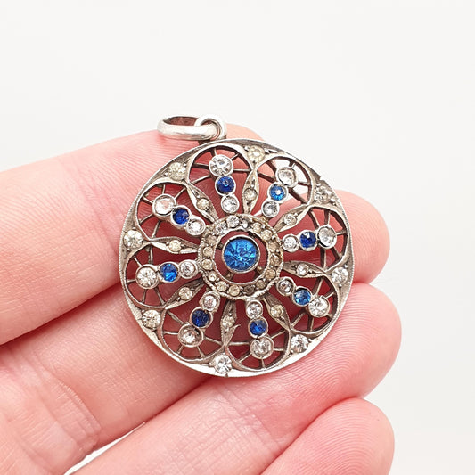 Antique Solid Silver Sapphire & Diamond Paste Pendant Necklace Large Art Nouveau Swirl Web Spiral Sparkly Vintage Womens Jewellery Jewelry