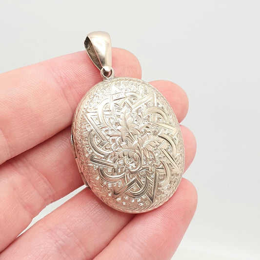 Antique Victorian Locket Silver Plate Large Big Star Engraved Necklace Pendant Genuine 1800s Gift Picture Photo Oval Vintage Jewellery