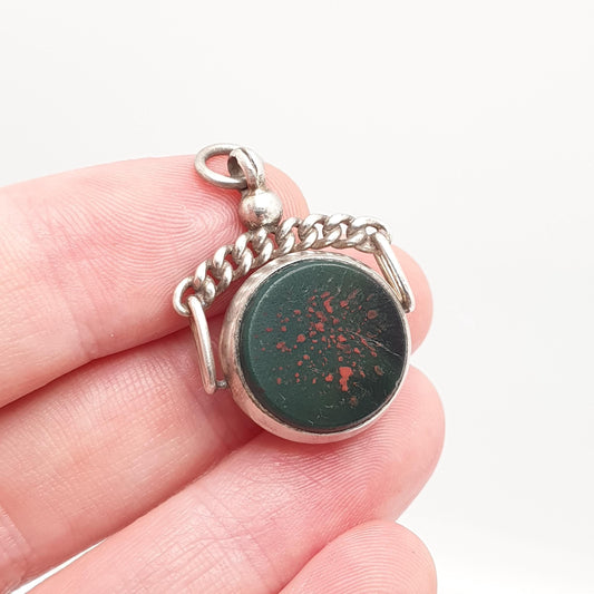 Antique Sterling Silver Spinner Fob Necklace Pendant 19914 Hallmark Faux Bloodstone & Faux Carnelian Curb Link Vintage Jewelry Jewellery