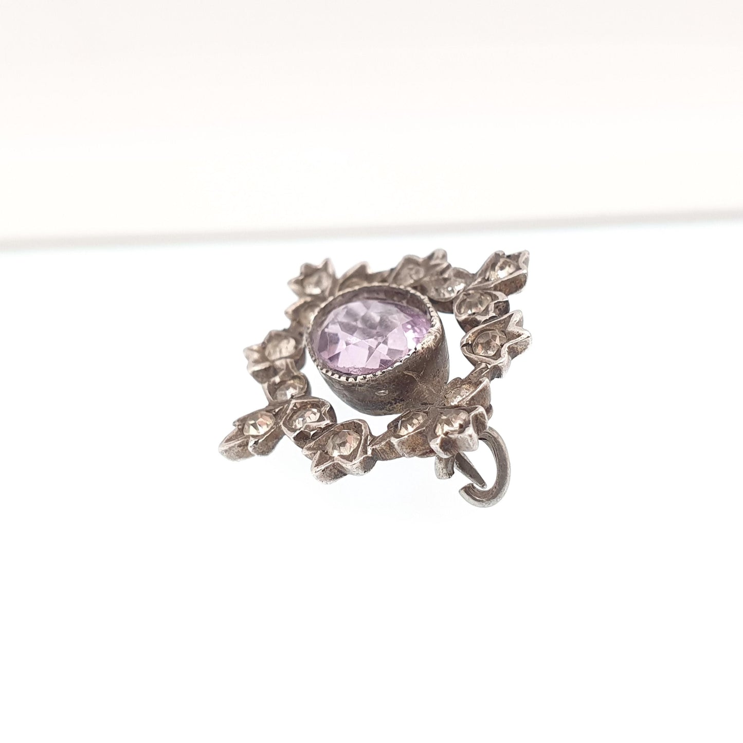 Antique Natural Amethyst Brooch Solid Silver Pin Diamond Paste Cluster Oval Cut Real Gemstone Genuine Quartz Vintage 1800s Jewelry Jewellery