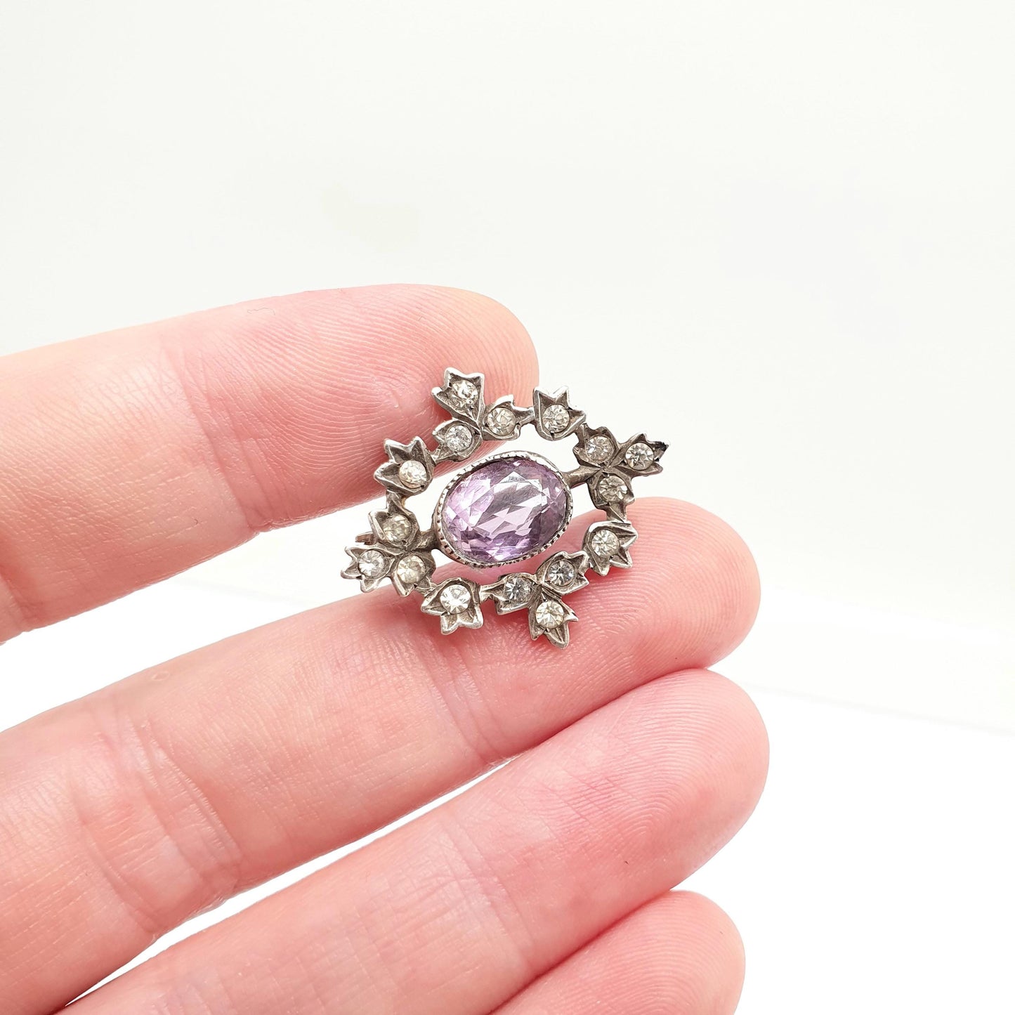 Antique Natural Amethyst Brooch Solid Silver Pin Diamond Paste Cluster Oval Cut Real Gemstone Genuine Quartz Vintage 1800s Jewelry Jewellery