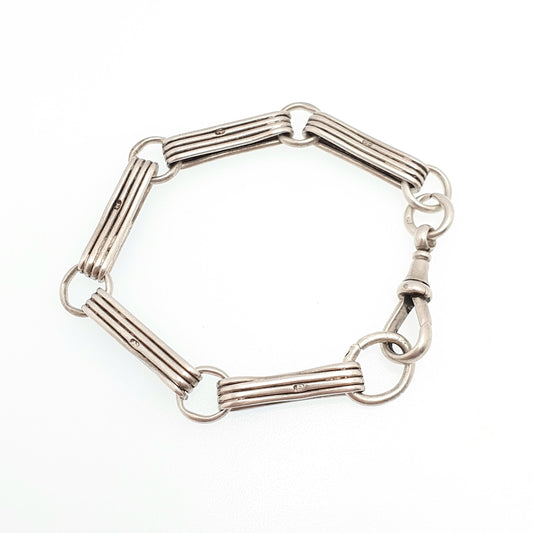 Antique Sterling Silver Bar Link Albert Bracelet Chain Rectangular Links Dog Clip Staple Fancy 16.93g 18cm Vintage Womens Mens Jewelry