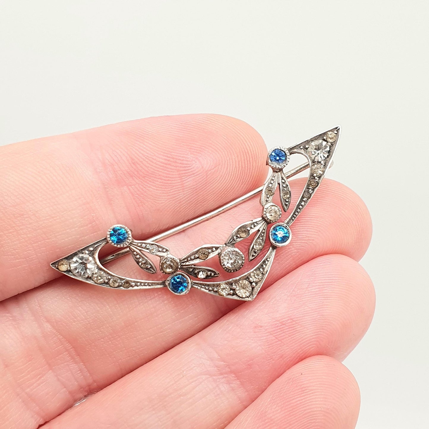 Antique Solid Silver Sapphire & Diamond Paste Brooch Victorian Art Nouveau V Bar Pin 1800s Gift Sparkly Vintage Womens Jewelry Jewellery