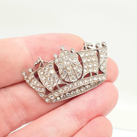 Vintage Sterling Silver Crown Brooch CZ Sparkly Solid 925 Britain British Royalty King Queen  Hallmarked Large Mens Jewelry Jewellery