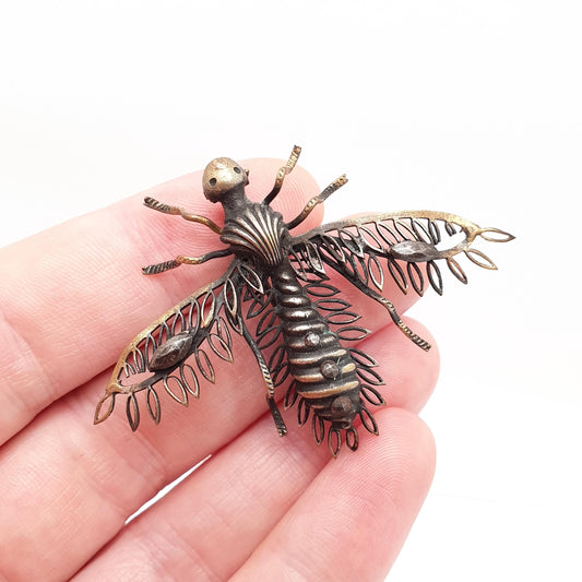 Antique Victorian Insect Fly Brooch Wasp Hornet Gold Tone Bug Steel Cut 1800s Vintage Wings Wing Ladies Womens Jewelry Jewellery