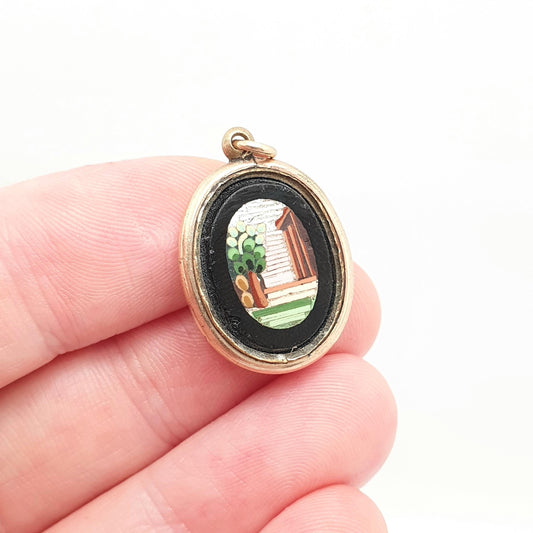 Antique 9ct Gold Micro Mosaic Necklace Victorian Pendant Blue Enamel Fine Micromosaic Solid 9k 9kt Mourning Womens Vintage Jewelry Jewellery