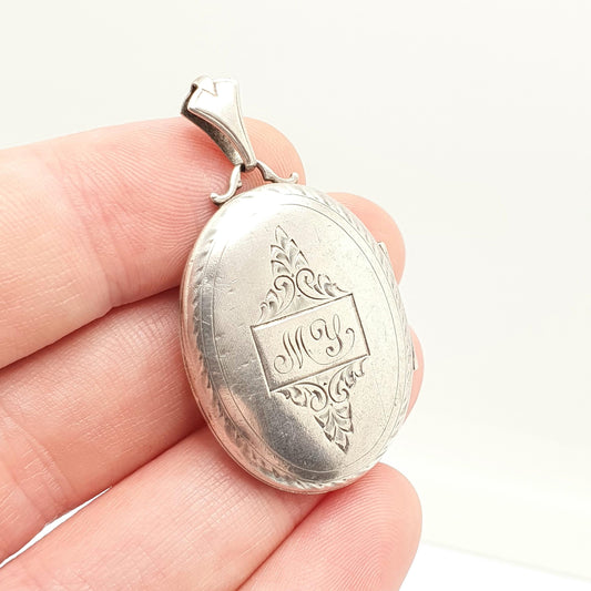 Antique Victorian Sterling Silver Locket MY Monogram Engraved Large Big Oval Pendant Picture Photo 1800s Vintage Womens Jewelry Jewellery