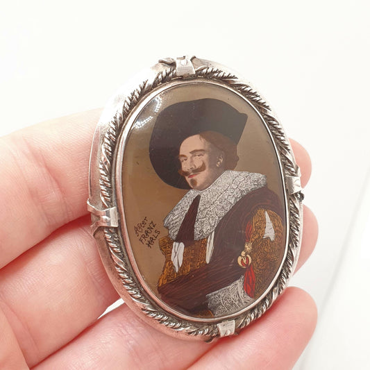 Antique Sterling Silver Laughing Cavalier Brooch Art Deco Big Large Portrait After Franz Hals Painted Vintage Thomas Mott TLM Womens Ladies