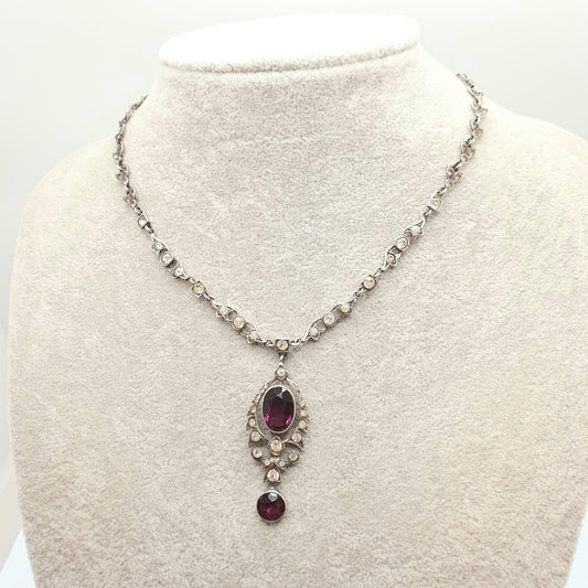 Antique Victorian Solid Silver Amethyst Paste Y Necklace Lavaliere Pendant Pastes Chain Art Nouveau Vintage Womens Jewelry Jewellery