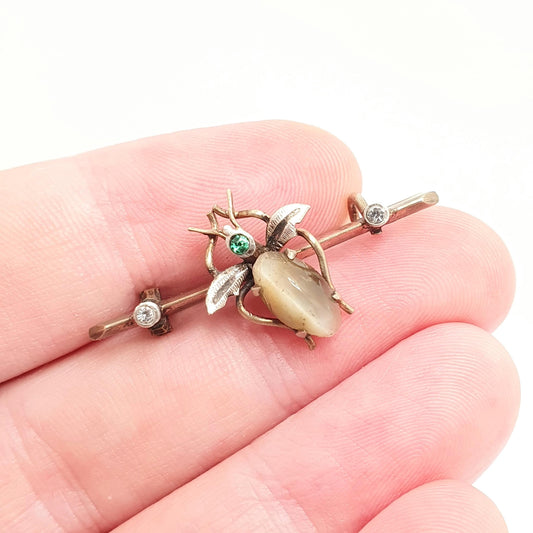 Antique Victorian Fly Bug Brooch Pin Cats Eye Diamond Paste Gold Gilt Chrysoberyl Vintage Insect Rare Gift Womens Vintage Jewellery Jewelry