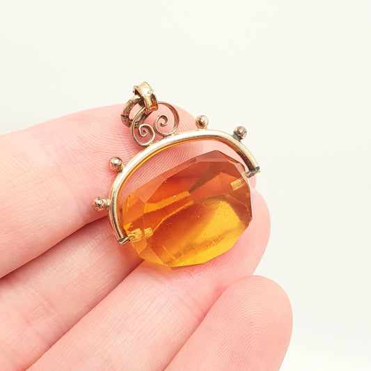 Antique Victorian Rolled Gold Citrine Paste Spinner Fob Pendant Necklace Filled Orange Glass 1800s Vintage Mens Womens Jewellery Jewelry