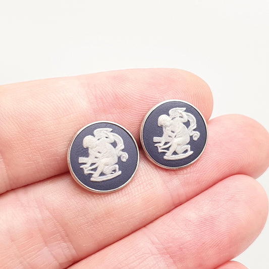 Vintage Sterling Silver Wedgwood Earrings Stud Genuine Navy Blue Jasperware 1976 Hallmarked 925 Josiah Womens Ladies Jewelry Jewellery