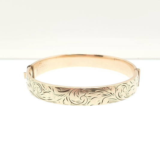 Old Vintage 9ct 9k Gold Metal Core Bangle Bracelet Snap Engraved 1960s 15.50g Heavy Thick Rolled Gold Filled Womens Jewelry Retro Jewellery