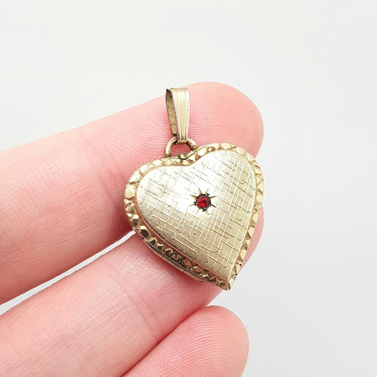 Vintage 14ct Rolled Gold Heart Locket Pendant Necklace Ruby Paste Gold Filled Picture Photo Gift Cute Ladies Womens Jewelry Jewellery