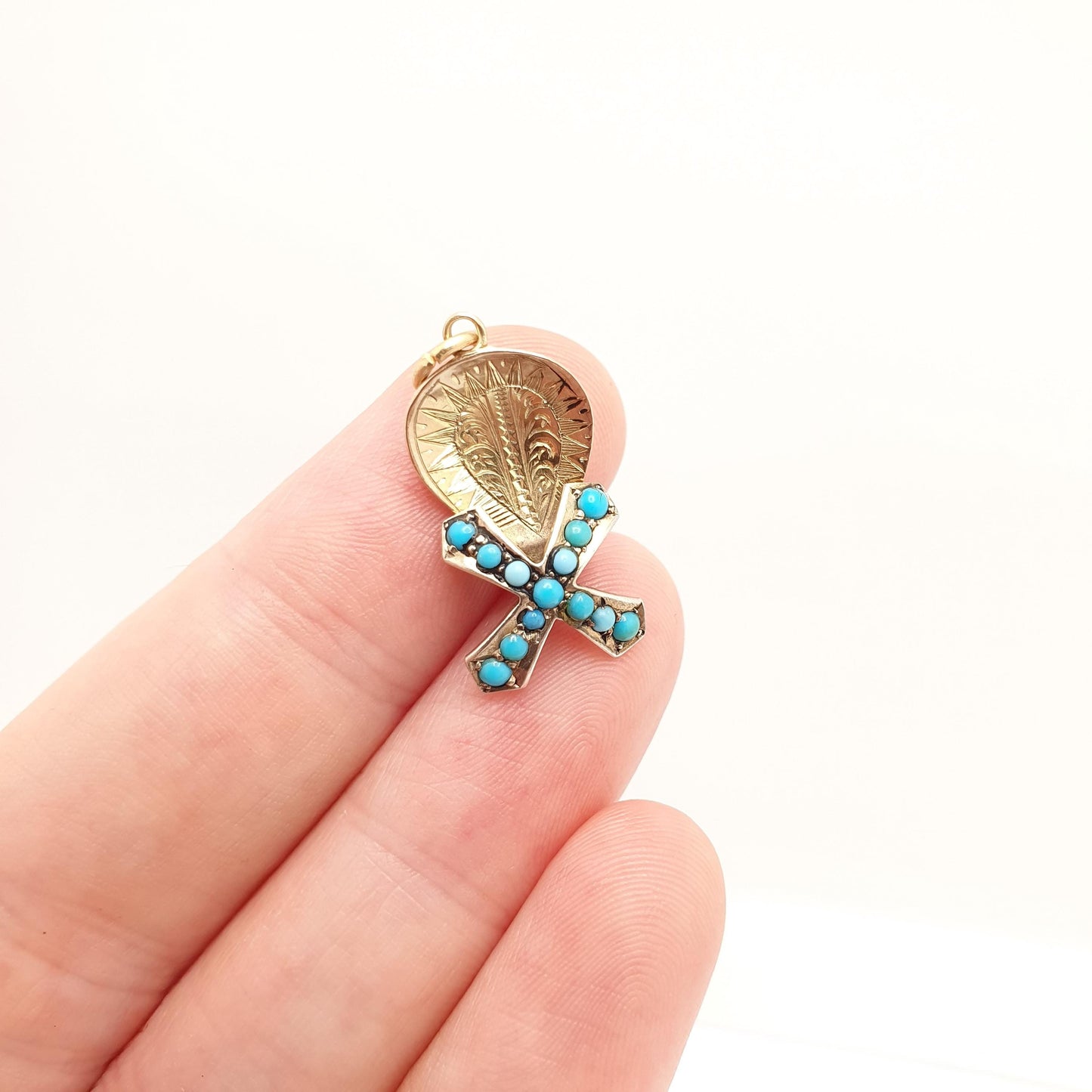 Antique 9ct Gold Turquoise Windmill Pendant Victorian Necklace Charm Solid 9k 375 Natural Gemstone Gift Vintage Womens Jewellery Jewelry