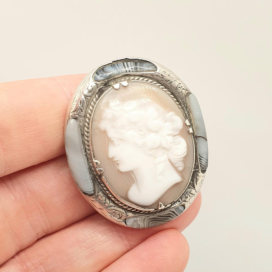 Antique Victorian Cameo Brooch Solid Silver Scottish Lace Agate Rare Find Finely Carved Shell Gemstone Large Big Vintage Jewelry Jewellery