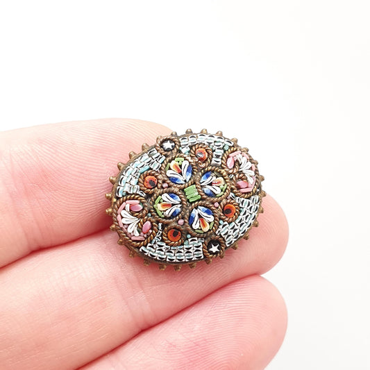 Antique Victorian Fine Micromosaic Brooch Micro Mosaic Gold Gilt Dome Flower Small Millefiori Italy Italian 1800s Vintage Jewelry Jewellery