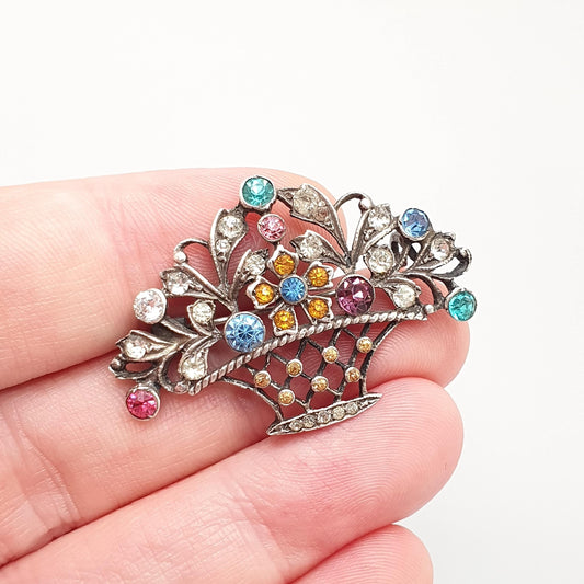 Antique Solid Silver Victorian Giardinetti Brooch Paste Little Garden Flower Basket Large Italian Gift Vintage Womens Jewelry Jewellery