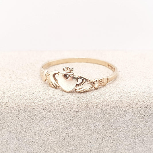 Vintage 9ct Gold Claddagh Ring Solid 9k 375 1990 Hallmark Irish Gaelic Band Stacker Heart Yellow Friendship Loyalty Womens Jewelry Jewellery
