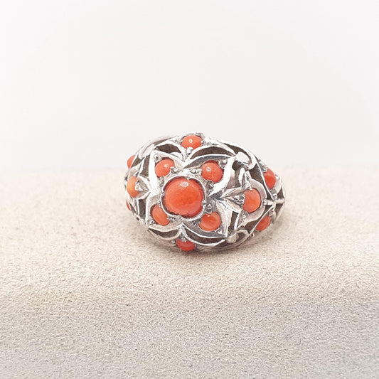 Antique Coral Solid Silver Ring Victorian Mogul Cluster Dome Genuine Vintage 1800s Statement Womens Vintage Ladies Jewelry Jewellery