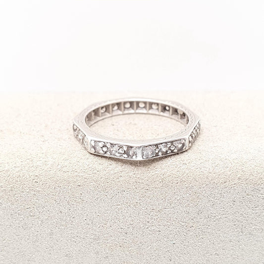 Antique Solid Silver Eternity Ring White Spinel Gemstones Octagonal 1920s Full Art Deco Engraved Vintage Ladies Womens Jewelry Jewellery