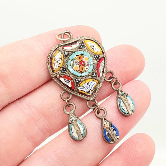 Antique Micromosaic Heart Necklace Pendant Micro Mosaic Victorian Millefiori Dangly Tassel Handmade Italian Vintage Womens Jewelry Jewellery