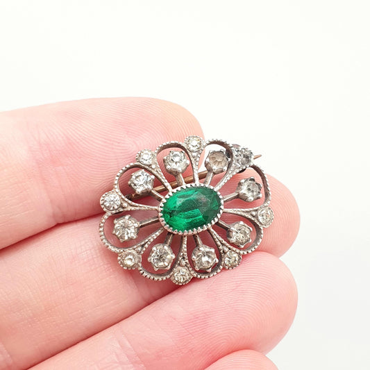 Antique Solid Silver Emerald Paste Brooch Victorian Diamond Pastes Vintage Sparkly Spiral Swirl Sparkly Oval Cut Womens Jewelry Jewellery