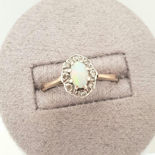 Vintage 9ct Gold Opal Diamond Ring Cluster Halo Solid 9k 9kt 375 Fine Estate White Oval 1975 Hallmarked  Retro Womens Jewelry Jewellery