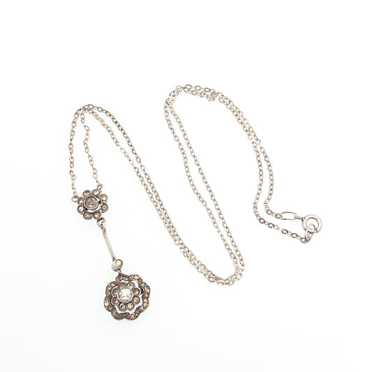Antique Solid Silver Diamond Paste Necklace Art Deco Lavalier Y Pendant 1920s Vintage Pendulum Cluster Drop Womens Jewellery Jewelry