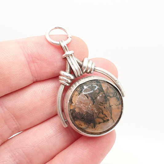 Antique Sterling Silver Moss Agate Spinner Necklace Pendant Fob 1890 Hallmark Victorian Amethyst Large Big Vintage Gemstone Jewelry